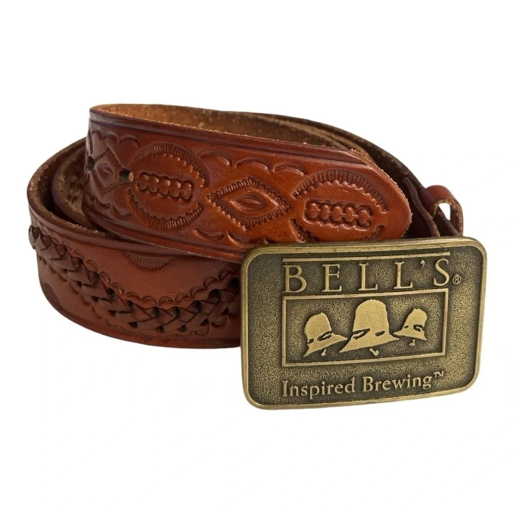 Vintage tan leather braided stitched belt with thick Gold tone belt buckle 44